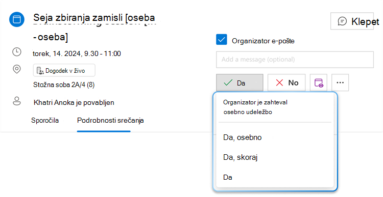 Slika prikazuje hibridni menijski gumb RSVP za »Da« z razširjenim spustnim seznamom, kjer si lahko ogledate tri različne možnosti: »Da, osebno«, »Da, skoraj« in »Da«.