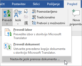 Prikaz možnosti »Nastavite jezik za prevod dokumenta« v meniju »Prevod«