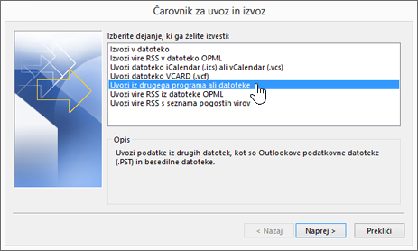 Čarovnik za uvoz in izvoz – uvoz iz drugega programa ali datoteke