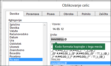 Primer uporabe pogovornega okna »Oblika« > »Celice« > »Številka« > »Po meri«, ko želite, da Excel namesto vas ustvari nize oblik.