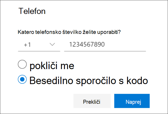 Posnetek zaslona, na Telefon je prikazana stran »Novo« z izbrano oznako »Besedilo mi kodo«.