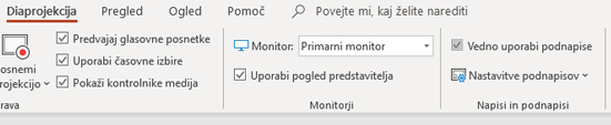 Potrditveno polje »Vedno uporabi podnapise« na zavihku »Diaprojekcija«