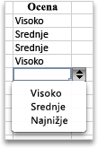 Spustni seznam z vrednostmi »Visoko«, »Srenje« in »Nizko«