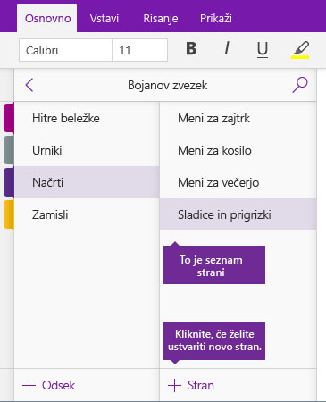 Posnetek zaslona gumba »Dodaj stran« v OneNotu