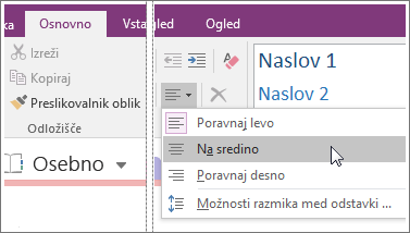 Posnetek zaslona gumba za poravnavo odstavka v programu OneNote 2016.