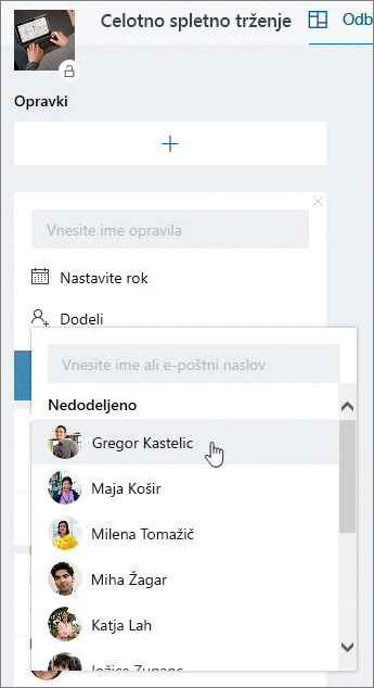 Dodelitev osebe med ustvarjanjem novega opravila