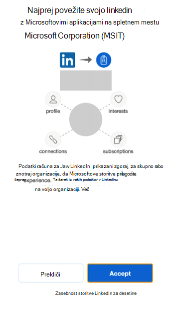 Pojavno okno za povezovanje računa storitve LinkedIn z Microsoftovimi aplikacijami.