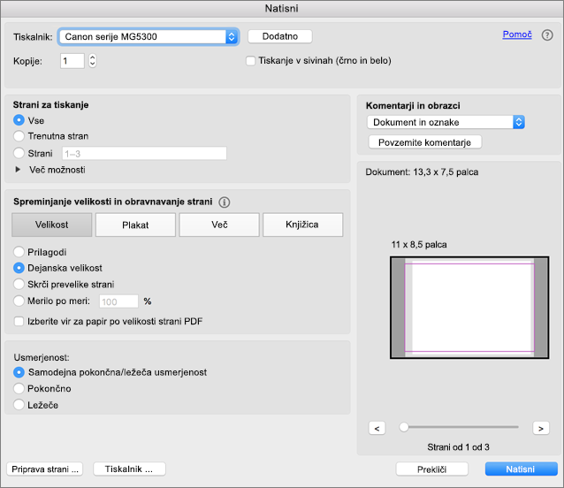 Izberite nastavitve tiskanja v pogovornem oknu »Natisni«.