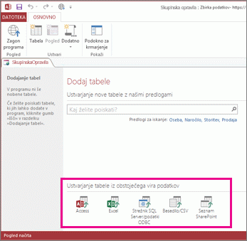 Obstoječe možnosti vira podatkov na strani »Dodajanje tabel«.