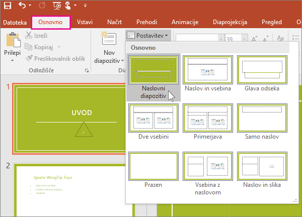 Postavitve diapozitivov v PowerPointu