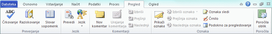 Zavihek »Pregled« na traku