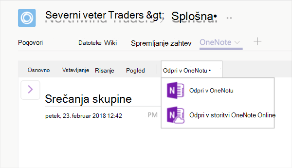 Zavihek »OneNote« z izbrano možnostjo »Uredi v OneNotu«