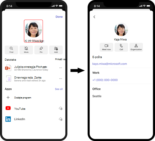 Ogled profila določene osebe v aplikaciji Teams v sistemu iOS