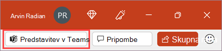 Gumb »Predstavi v aplikaciji Teams«