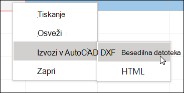 Posnetek zaslona priročnega menija s podmenijem