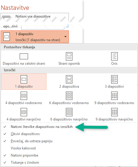 Natisnite številke diapozitivov na izročkih.