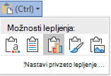 Gumb »Možnosti lepljenja« v Wordu, razširjen za prikaz možnosti.