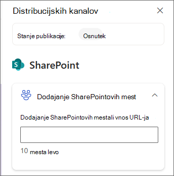 Posnetek zaslona podokna za dodajanje SharePointovih mest.