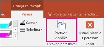 Prikazuje gumb »Pretvori v oblike« v orodjih za rokopis