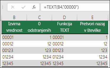 Primeri uporabe funkcije TEXT za oblikovanje vodilnih ničel.  =TEXT(A2,"00000")