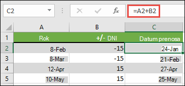 Prištejte ali odštejte dneve v datumu s formulo =A2+B2, kjer je A2 datum, B2 pa število dni za prištevanje ali odštevanje.