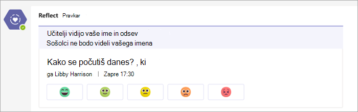 kot je prikazano v kanalu ekipe za predavanje. 5 emoji gumbov, od zelo udobno, da zelo neprijetno pod check-in vprašanje "kako se počutite danes?"