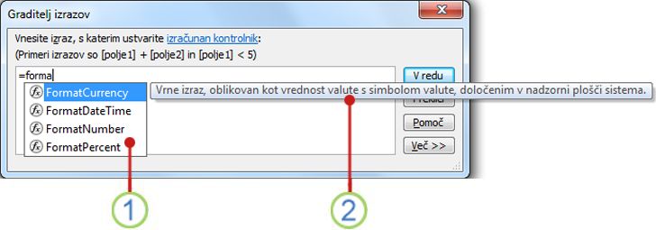 Spustni seznam »IntelliSense« in hitri namig.