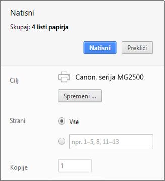 Možnosti podokna za tiskanje v brskalniku Chrome