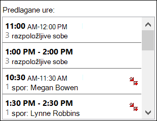 Če si želite ogledati, kdaj so udeleženci na voljo, uporabite izbirnik predlaganih časov.