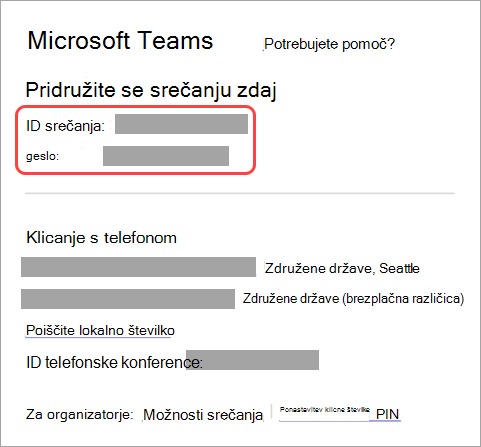 Posnetek zaslona, na katerem je prikazano, kje najdete ID srečanja in geslo v povabilu na srečanje.