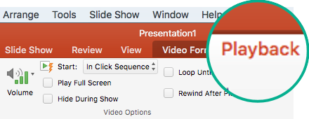Ko na diapozitivu izberete videoposnetek, se v orodni vrstici traku prikaže zavihek »Predvajanje«, s katerim lahko nastavite možnosti predvajanja videoposnetka.