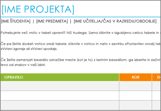 Stara Projectova predloga seznama opravil z velikostjo pisave najmanj 8,5 točk.