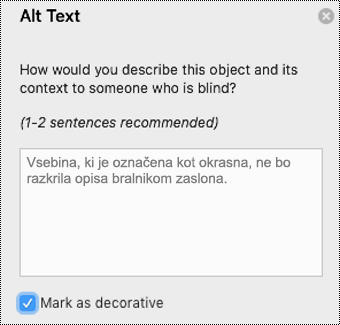 Potrjeno polje »Označi kot dekorativno« v pogovornem oknu z nadomestnim besedilom v programu Word za Mac.