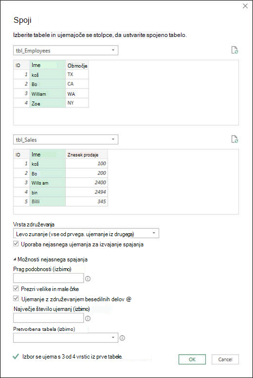 Možnosti mehkega spajanja v dodatku Power Query