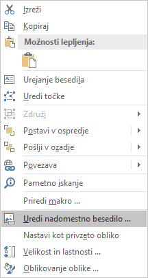 Meni za urejanje nadomestnega besedila za oblike v programu Excel Win32