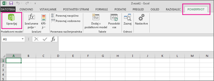 Zavihek »PowerPivot« in gumb »Upravljaj«