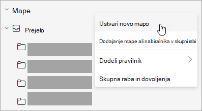 Posnetek zaslona izbrane možnosti »Ustvari novo mapo« v meniju »Več možnosti« v podoknu z mapami