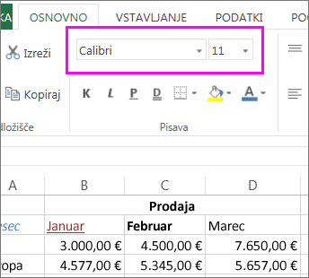 izberite drug slog pisave ali velikost z gumbi za pisavo na traku