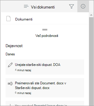 Podokno s podrobnostmi, ki prikazuje nedavne spremembe