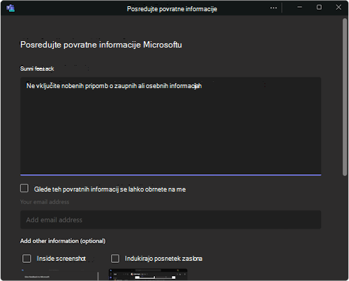 Pogovorno okno za dajanje povratnih informacij