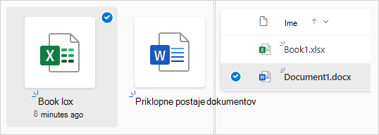 Posnetek zaslona, ki prikazuje izbiranje datoteke v storitvi OneDrive v pogledu ploščice