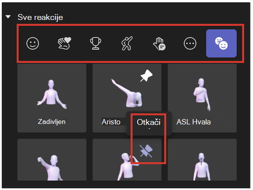 Korisnički interfejs reakcija i otkrivanja u aplikaciji Avatar