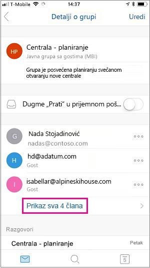 Izaberite vezu "Prikaži sve članove" da biste videli članove grupe