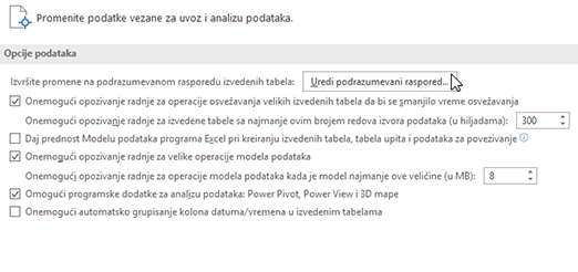 Uredite podrazumevani raspored izvedene tabele pomoću stavki Datoteka > Opcije > Podaci