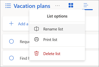 Izaberite više opcija pored imena liste da biste preimenovali, odštampali ili izbrisali listu.