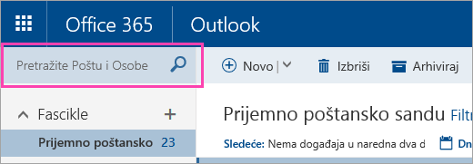 Snimak ekrana polja „Pretraga pošte i osoba“