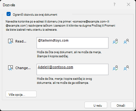 Dijalog "Ograničavanje dozvola" vam omogućava da navedete koji korisnici ili domeni mogu da čitaju ili menjaju datoteku.