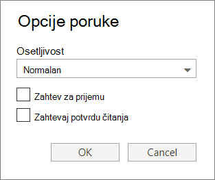 Snimak ekrana prikazuje dijalog "opcije poruke" koji prikazuje opcije za podešavanje nivoa poverljivosti i zahtevanje potvrde o isporuci ili čitanja.