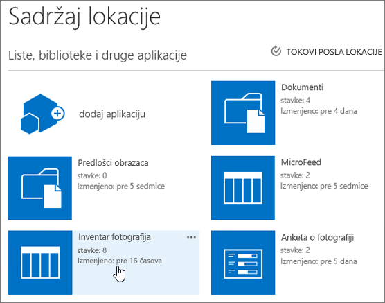 Stranica "Sadržaj lokacije" sa izabranom listom