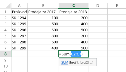 Opseg ćelija koji je automatski otkriven pomoću dugmeta „Automatski zbir“